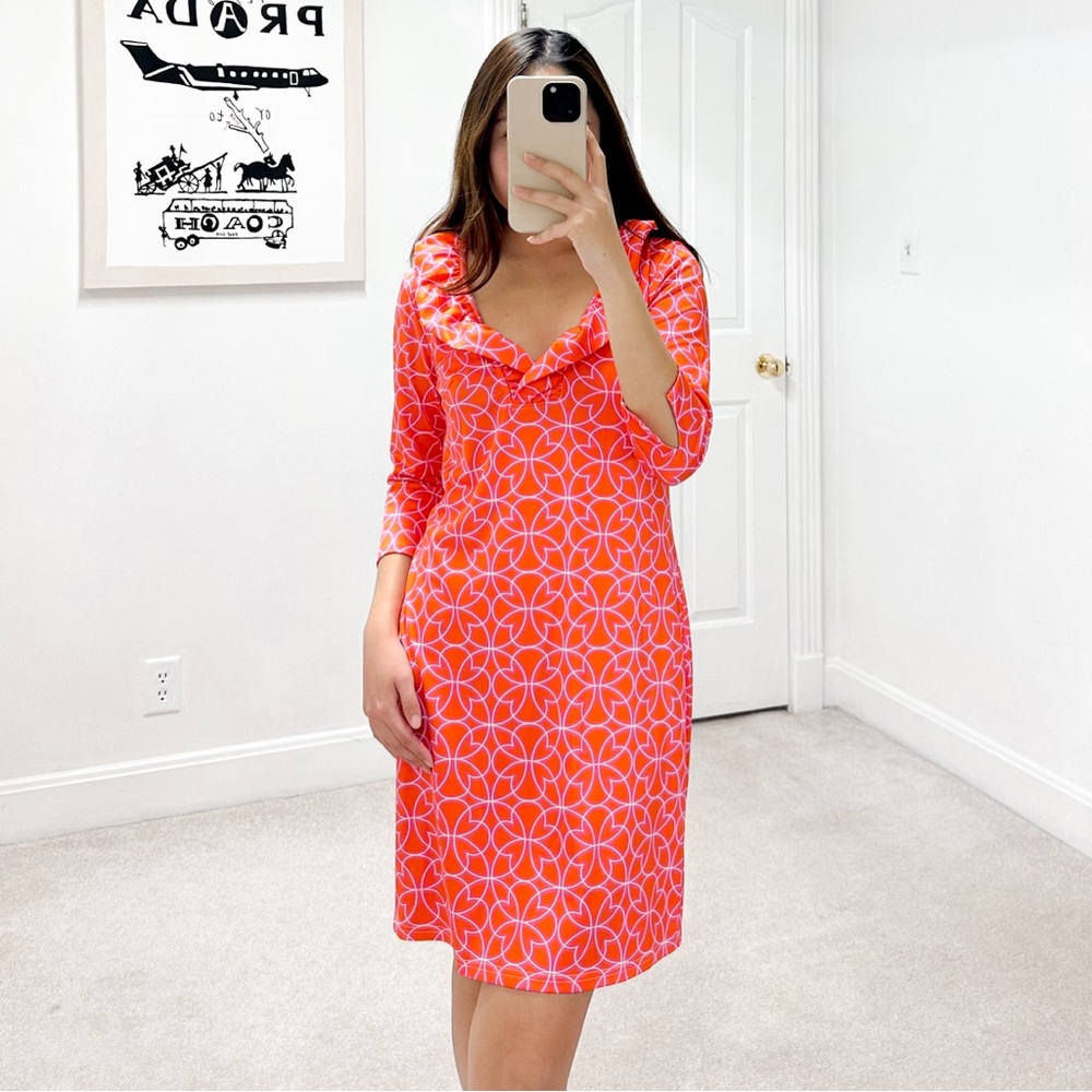 Gretchen Scott Jersey Ruffneck Dress in Geometric Floral Pink and Orange - Picture 1 of 7